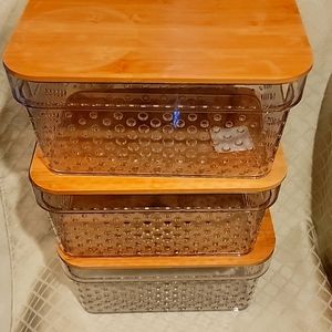 Plastic storage bin with bamboo lid